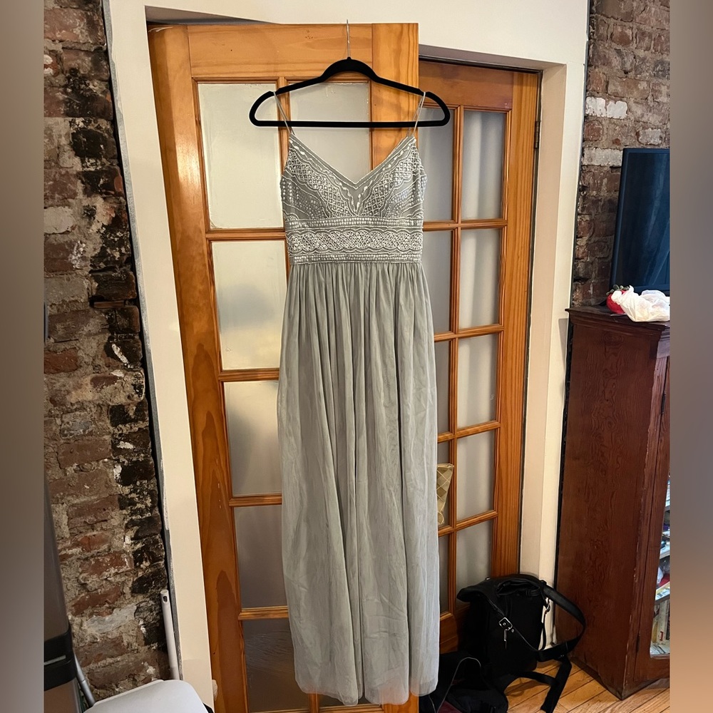 Blue/gray beaded top full length gown from Anthropologie (Adrianna Papell)